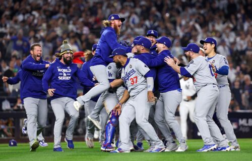 The Los Angeles Dodgers celebrate after they defeated the New York Yankees 7-6 in Game 5 to win the 2024 World Series at Yankee Stadium.