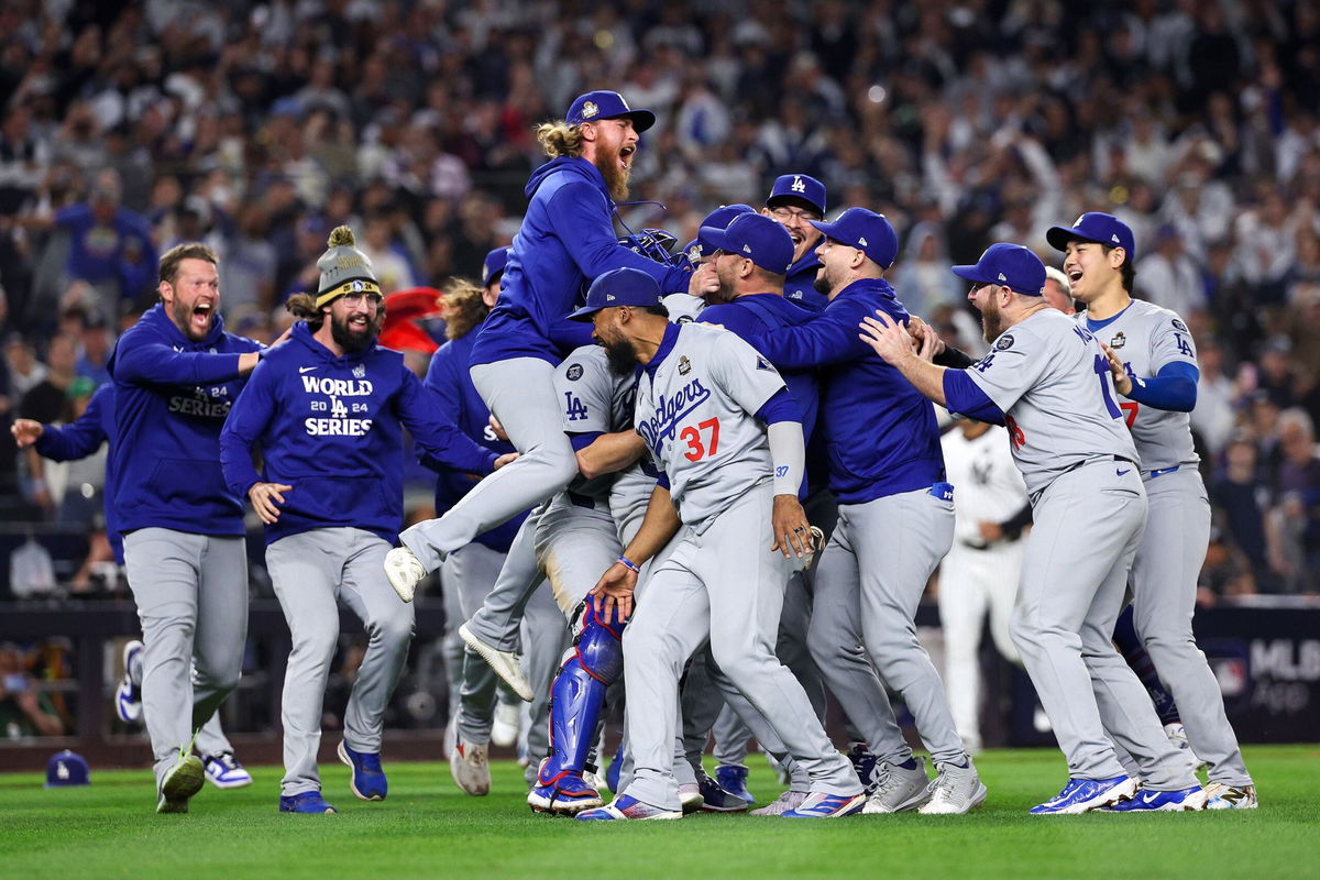 <i>Elsa/Getty Images via CNN Newsource</i><br/>The Los Angeles Dodgers celebrate after they defeated the New York Yankees 7-6 in Game 5 to win the 2024 World Series at Yankee Stadium.