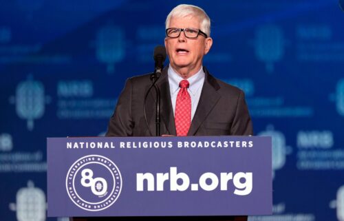 Hugh Hewitt speaks before former President Donald Trump at the National Religious Broadcasters convention on Feb. 22