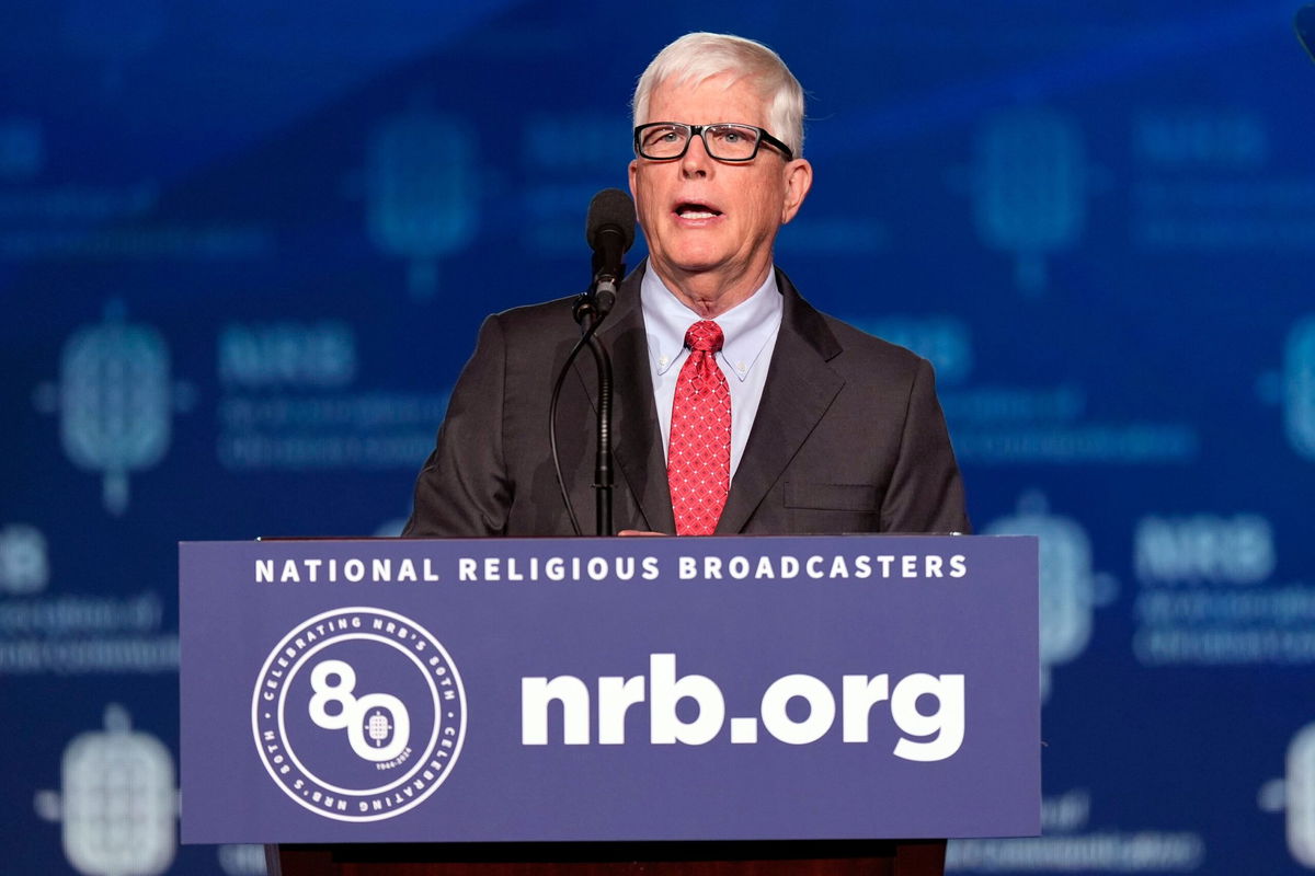 <i>George Walker IV/AP/File via CNN Newsource</i><br/>Hugh Hewitt speaks before former President Donald Trump at the National Religious Broadcasters convention on Feb. 22