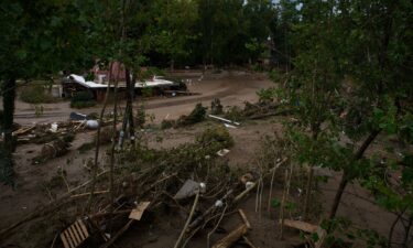 The entrance to the Biltmore Estate is seen surrounded by debris in the aftermath of Hurricane Helene on October 1 in Asheville