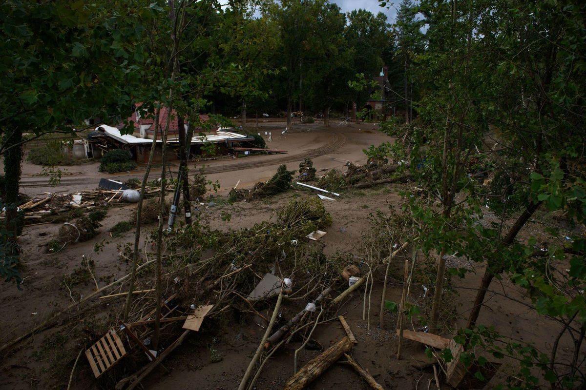 <i>Melissa Sue Gerrits/Getty Images via CNN Newsource</i><br/>The entrance to the Biltmore Estate is seen surrounded by debris in the aftermath of Hurricane Helene on October 1 in Asheville