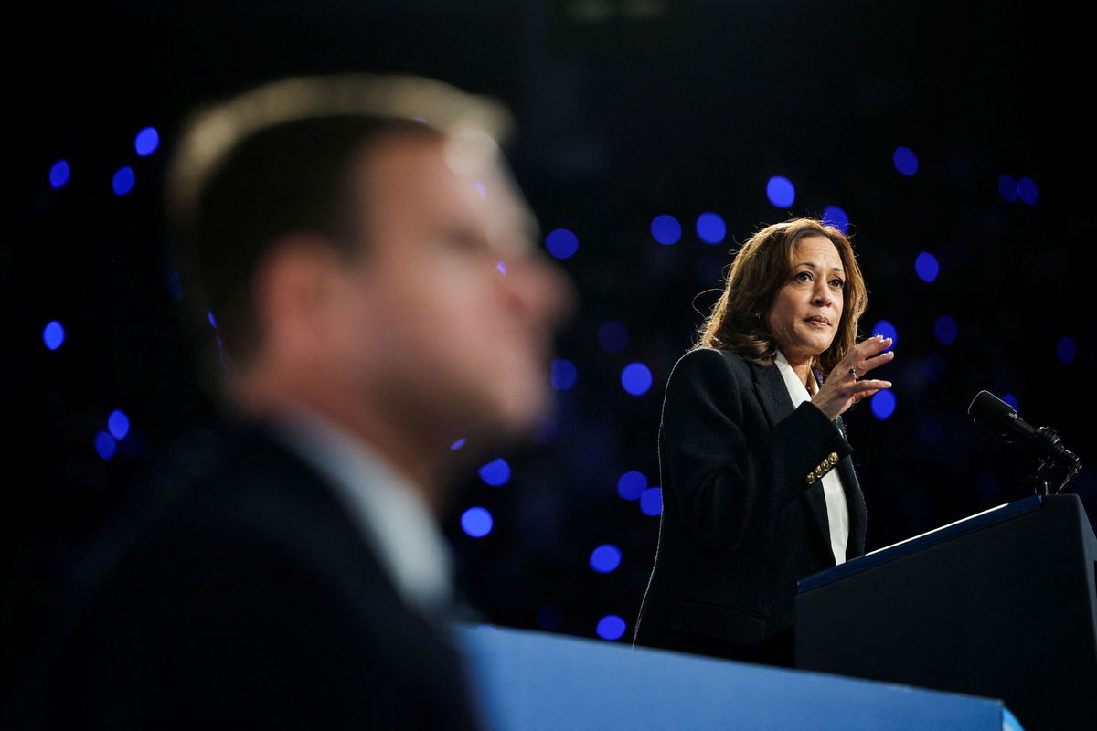 <i>Jonathan Drake/Reuters via CNN Newsource</i><br/>Vice President Kamala Harris speaks during a campaign rally at East Carolina University