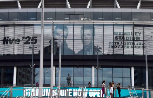 Screens at London's Wembley Stadium advertise Oasis concerts scheduled at the venue in summer 2025.