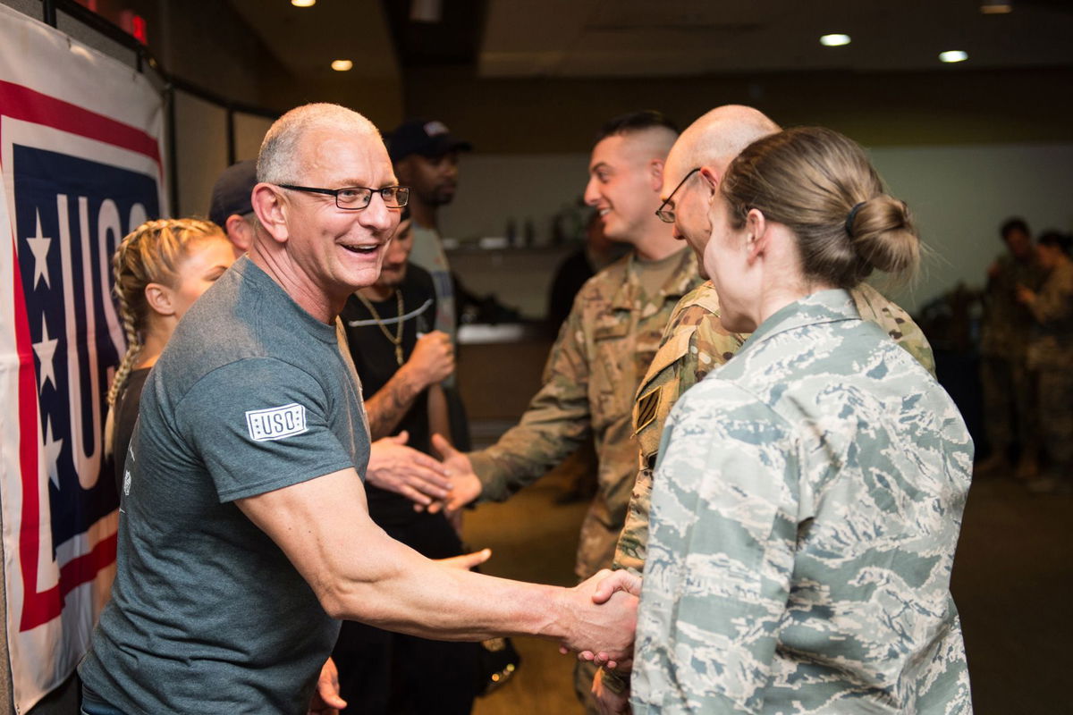 <i>Sgt. James K. McCann/Department of Defense via CNN Newsource</i><br/>Celebrity Chef Robert Irvine thanks service members after a USO Show at Osan Air Base