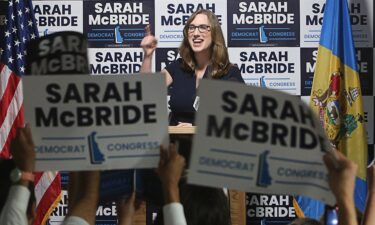 Sarah McBride speaks to supporters after winning the Democratic primary for US House of Representatives on September 10.