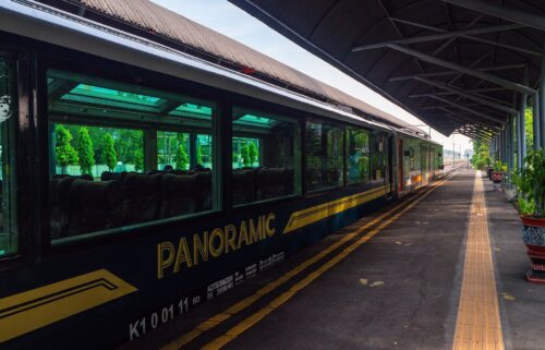 The Argo Wilis Panoramic carriage sits idle in Surabaya Gubeng Station.