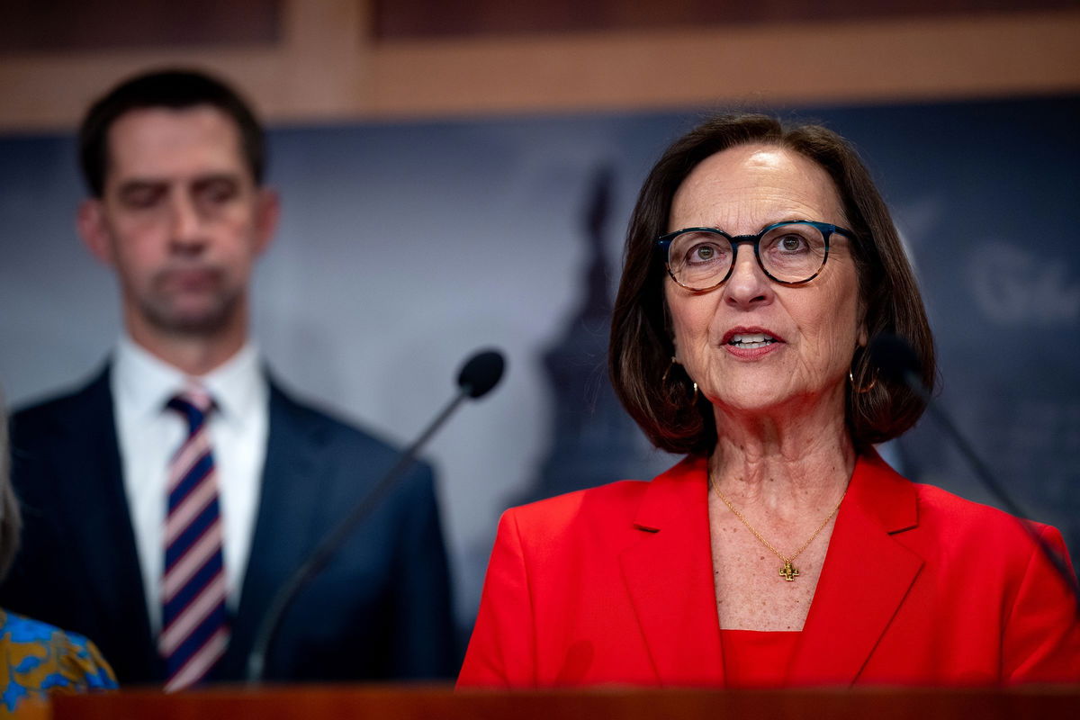 <i>Andrew Harnik/Getty Images via CNN Newsource</i><br/>Sen. Deb Fisher speaks during a news conference on Capitol Hill on May 1 in Washington