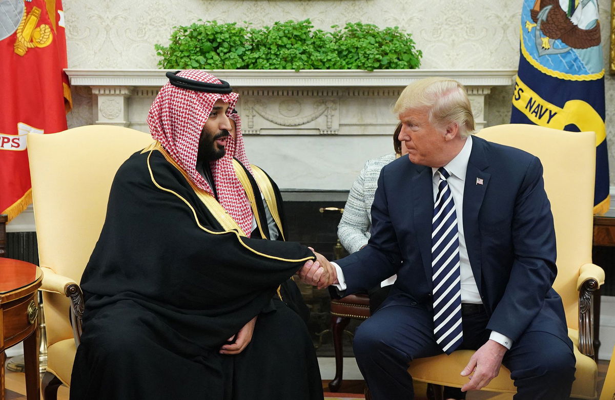 <i>Mandel Ngan/AFP/Getty Images via CNN Newsource</i><br/>Trump shakes hands with Saudi Arabia's Crown Prince Mohammed bin Salman in the Oval Office of the White House in March 2018.