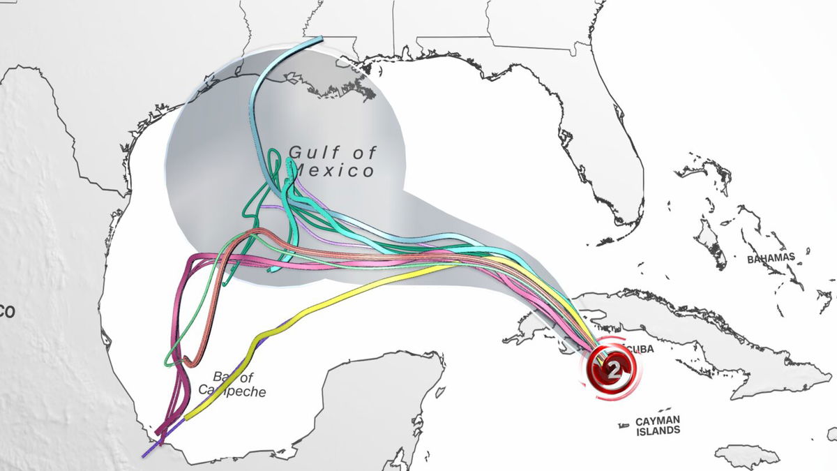 <i>CNN Weather via CNN Newsource</i><br/>Different forecast model solutions (colored lines) for Rafael's track are overlaid on the official forecast cone (grey) from the National Hurricane Center. The storm's uncertain track has been trending west