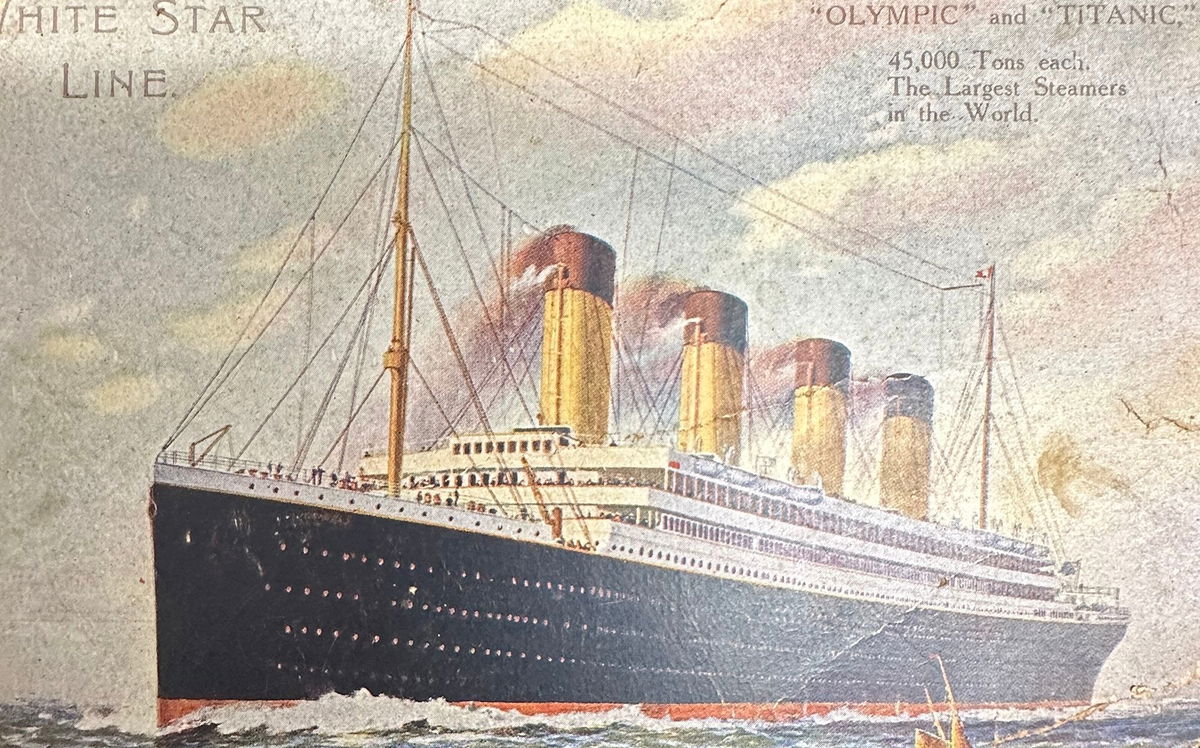 <i>Henry Aldridge and Son Ltd via CNN Newsource</i><br/>The front of the postcard written by a first-class passenger on the Titanic three days before it sank.