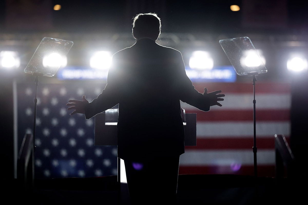 <i>Chip Somodevilla/Getty Images via CNN Newsource</i><br/>Former President Donald Trump speaks during a campaign rally at the Santander Arena on November 4