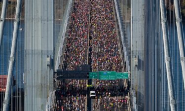 New York City Marathon runners cross the Verrazzano-Narrows Bridge on November 3.