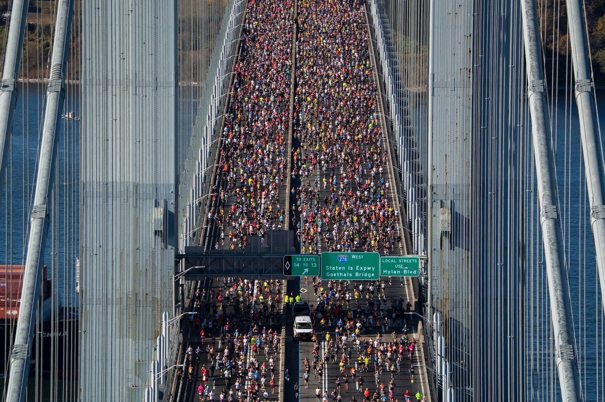 <i>Craig T Fruchtman/Getty Images via CNN Newsource</i><br/>New York City Marathon runners cross the Verrazzano-Narrows Bridge on November 3.