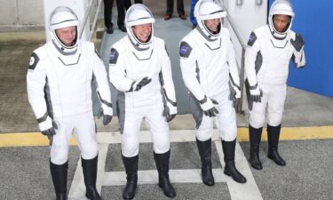 The Crew-8 astronauts are seen before heading to the launchpad on March 3. The group includes (from left) Roscosmos cosmonaut Alexander Grebenkin and NASA astronauts Michael Barratt