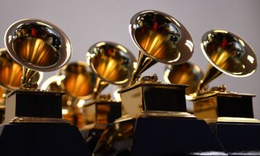 Grammy Award trophies are seen in the press room during the 64th Annual Grammy Awards at the MGM Grand Garden Arena in Las Vegas on April 3