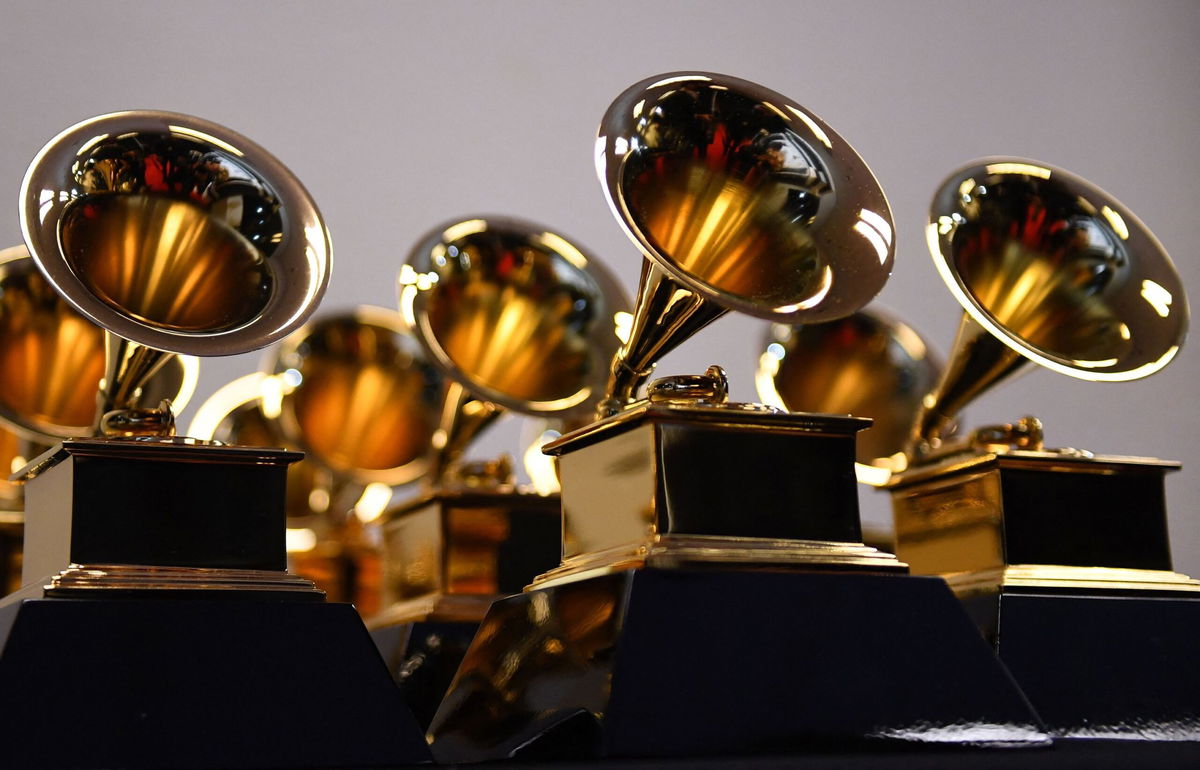 <i>Patrick T. Fallon/AFP/Getty Images via CNN Newsource</i><br/>Grammy Award trophies are seen in the press room during the 64th Annual Grammy Awards at the MGM Grand Garden Arena in Las Vegas on April 3