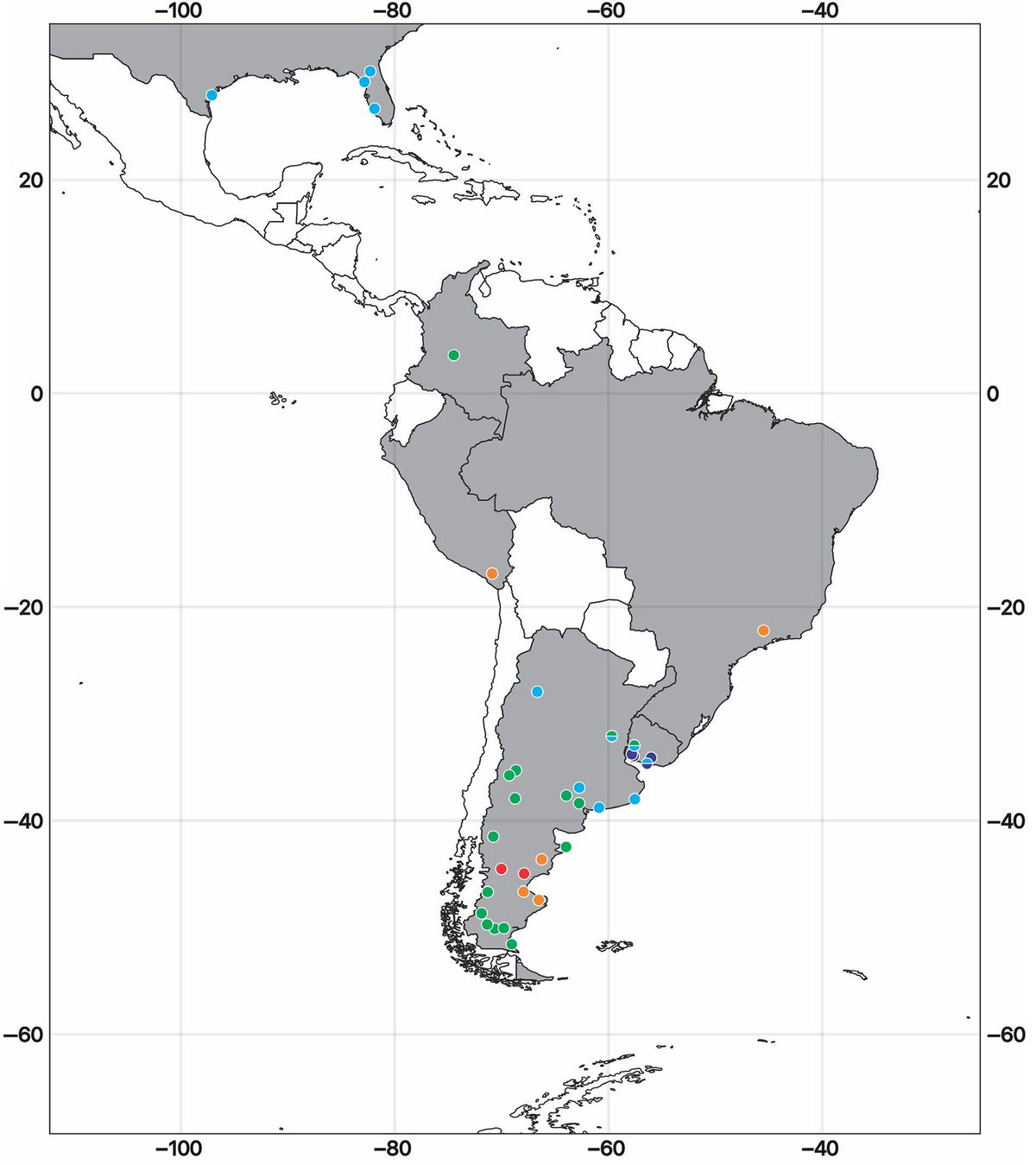 <i>Degrange et al. via CNN Newsource</i><br/>A map shows the countries in North America and South America (in gray) where terror bird fossils have been found. Colored dots indicate the locations of fossil sites.