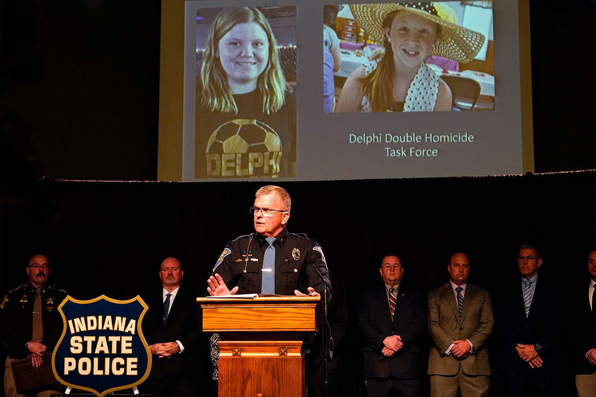 <i>Michael Conroy/AP via CNN Newsource</i><br/>Indiana State Police Superintendent Doug Carter announces the arrest of Richard Allen during a news conference in Delphi on October 31