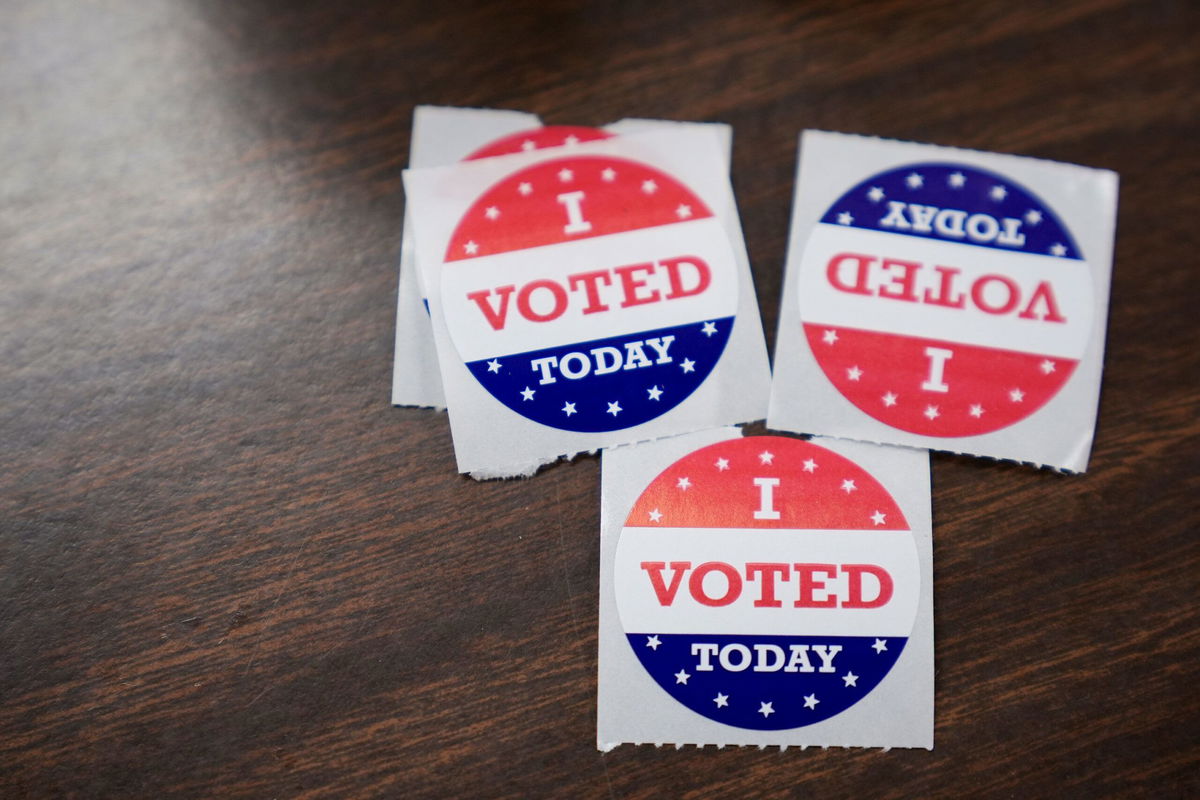 <i>Stephanie Scarbrough/AP via CNN Newsource</i><br/>Stickers are displayed at a polling place in Black Mountain