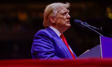 Former President Donald Trump speaks at a campaign rally at Madison Square Garden on October 27 in New York City.  Vice President Kamala Harris holds 47% to Trump’s 44% among likely voters in the final Iowa Poll before Election Day.