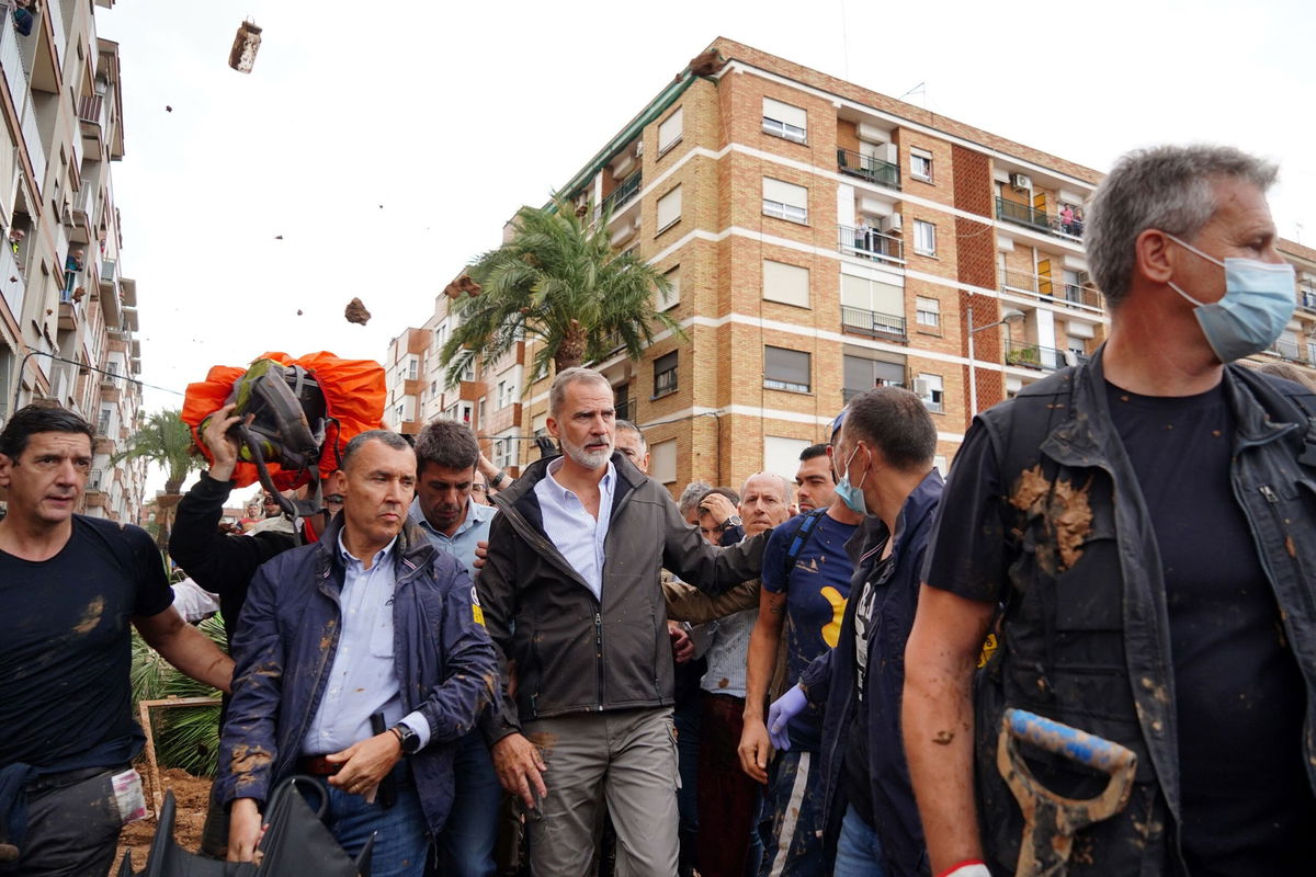 <i>Manaure Quintero/AFP/Getty Images via CNN Newsource</i><br/>King Felipe is heckled by angry residents during his visit to the Valencia region on Sunday.