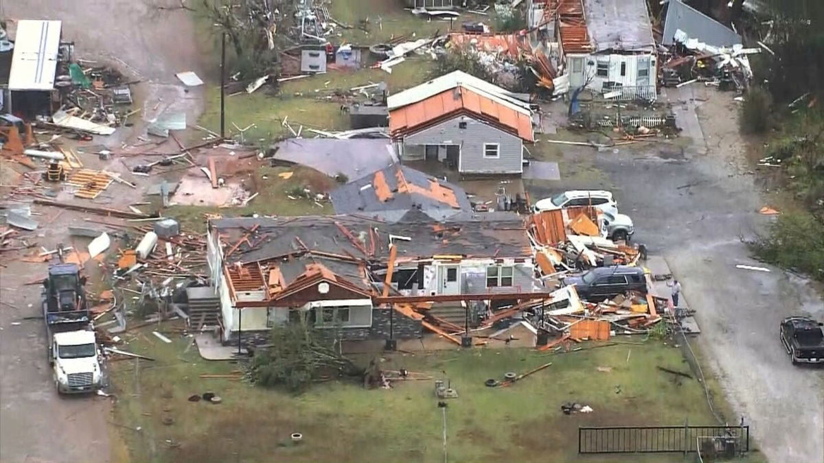 <i>KOCO via CNN Newsource</i><br/>Damaged homes in an Oklahoma City area neighborhood are seen in this aerial image.