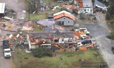 Damaged homes in an Oklahoma City area neighborhood are seen in this aerial image.