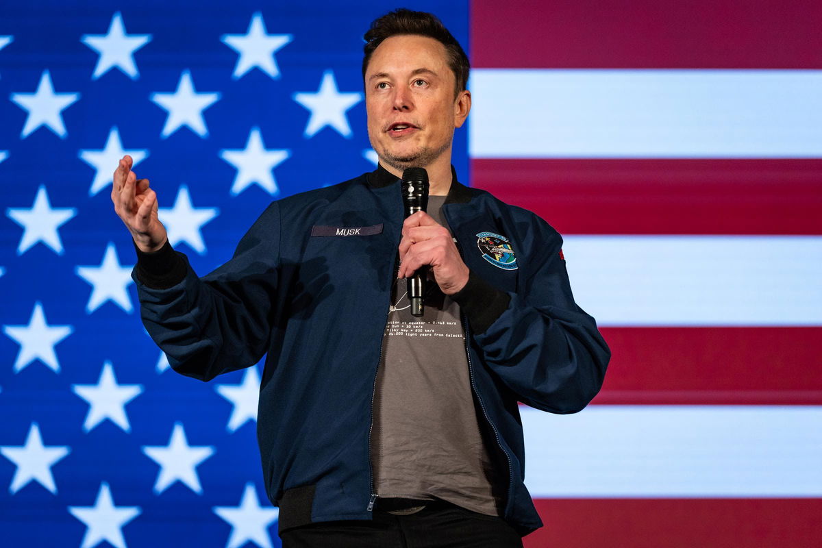 <i>Samuel Corum/Getty Images via CNN Newsource</i><br/>Elon Musk speaks during an America PAC town hall on October 26 in Lancaster