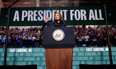 Vice President Kamala Harris speaks during a campaign rally in East Lansing