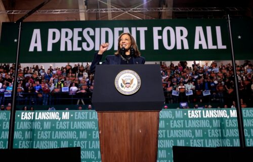 Vice President Kamala Harris speaks during a campaign rally in East Lansing