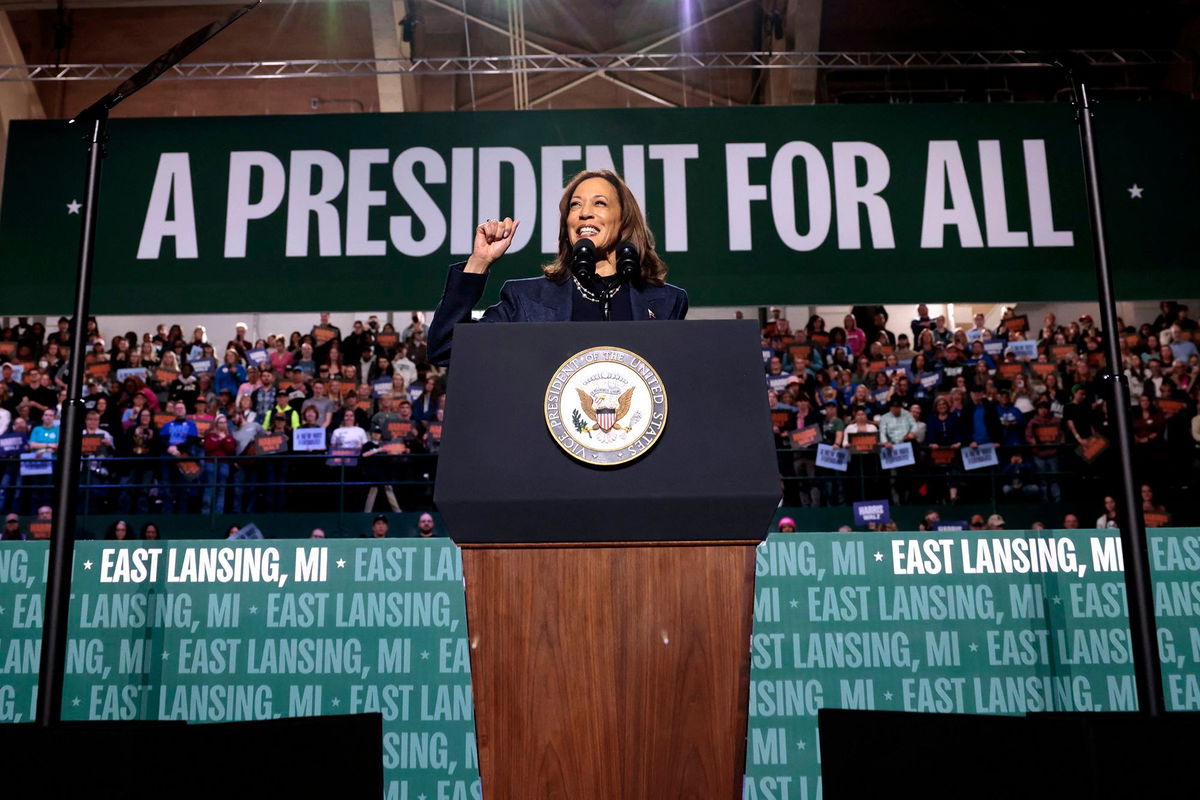 <i>Jeff Kowalsky/AFP/Getty Images via CNN Newsource</i><br/>Vice President Kamala Harris speaks during a campaign rally in East Lansing