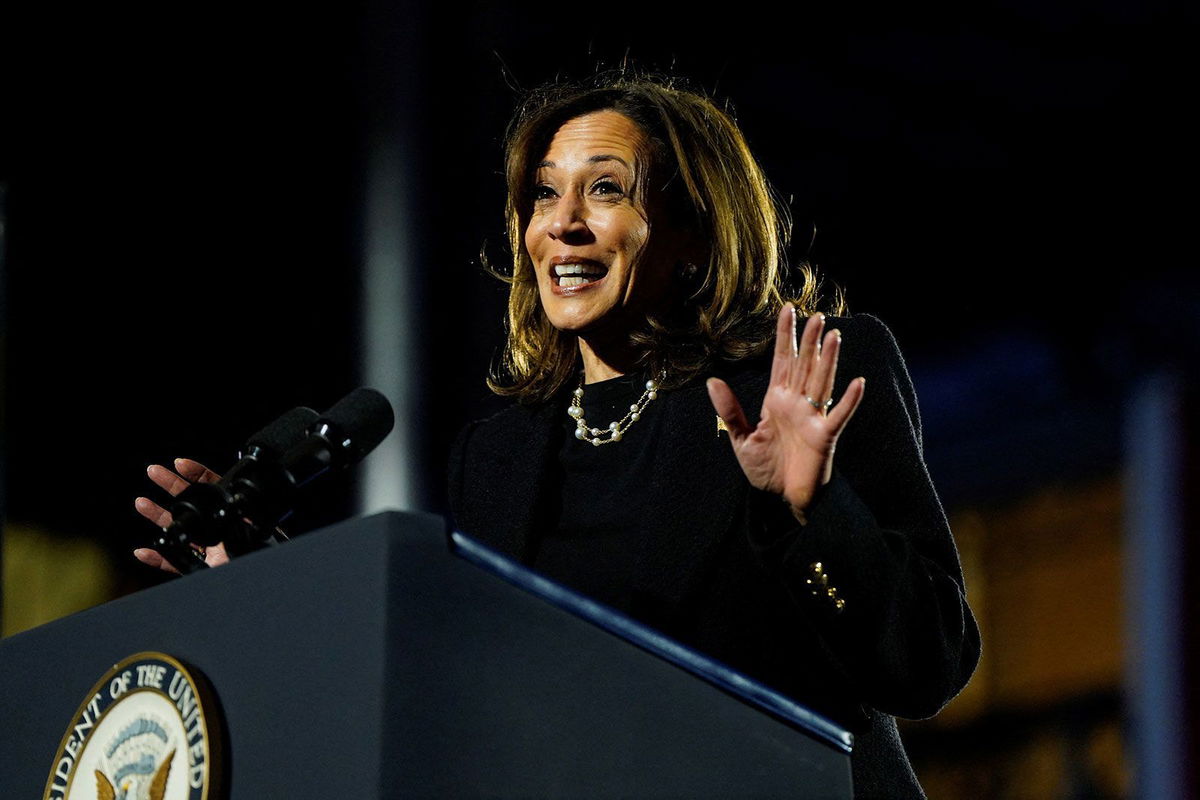 <i>Elizabeth Frantz/REUTERS/REUTERS via CNN Newsource</i><br/>Vice President Kamala Harris speaks during a campaign rally in Pittsburgh