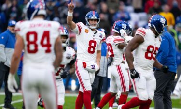 Daniel Jones (No. 8) and the Giants lost to the Carolina Panthers in Germany on Nov. 10