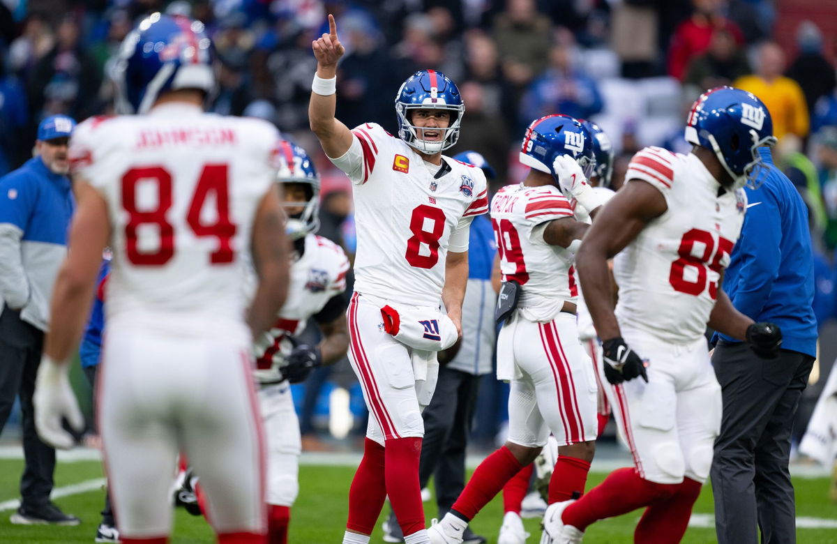 <i>Sven Hoppe/picture alliance/Getty Images via CNN Newsource</i><br/>Daniel Jones (No. 8) and the Giants lost to the Carolina Panthers in Germany on Nov. 10