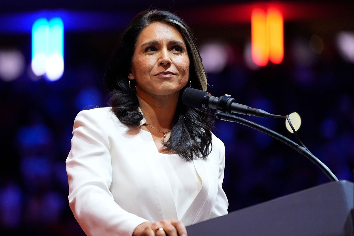 <i>Alex Brandon/AP via CNN Newsource</i><br/>Tulsi Gabbard speaks before Donald Trump at a campaign rally at Madison Square Garden in October in New York.