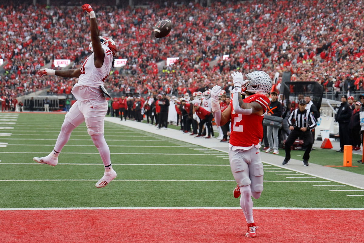 <i>Jay LaPrete/AP via CNN Newsource</i><br/>Ohio State receiver Emeka Egbuka catches 11-yard touchdown pass from quarterback Will Howard.