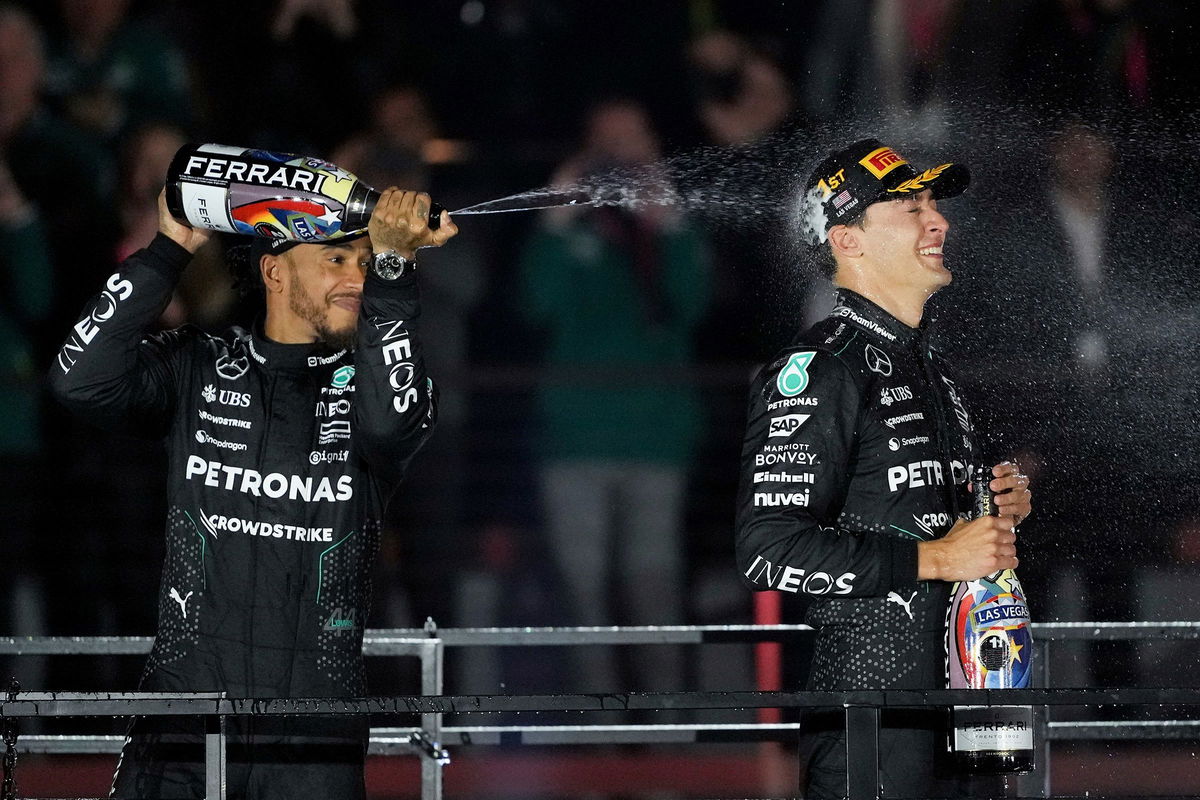 <i>Rick Scuteri/AP via CNN Newsource</i><br/>The Mercedes duo of Hamilton and Russell celebrate on the podium.