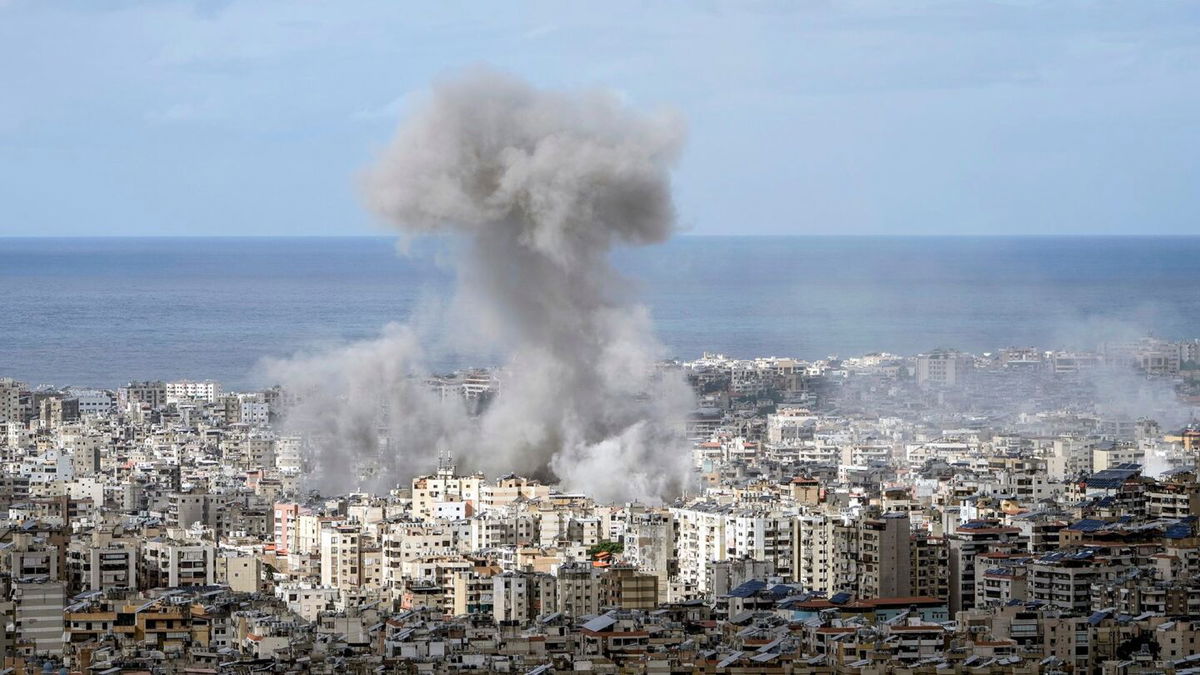 <i>Bilal Hussein/AP via CNN Newsource</i><br/>Smoke rises after an Israeli airstrike on Dahiyeh