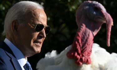 President Joe Biden pardons the National Thanksgiving Turkeys Peach and Blossom during an event on the South Lawn of the White House in Washington