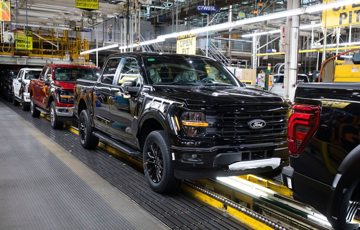 <i>Bill Pugliano/Getty Images via CNN Newsource</i><br/>The Ford F-150 pickup on the assembly line at Ford's plant in Dearborn