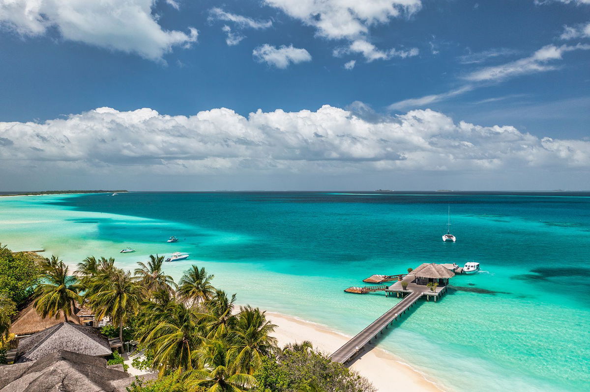 <i>Levente Bodo/Moment RF/Getty Images via CNN Newsource</i><br/>An aerial view of a Maldivian beach.