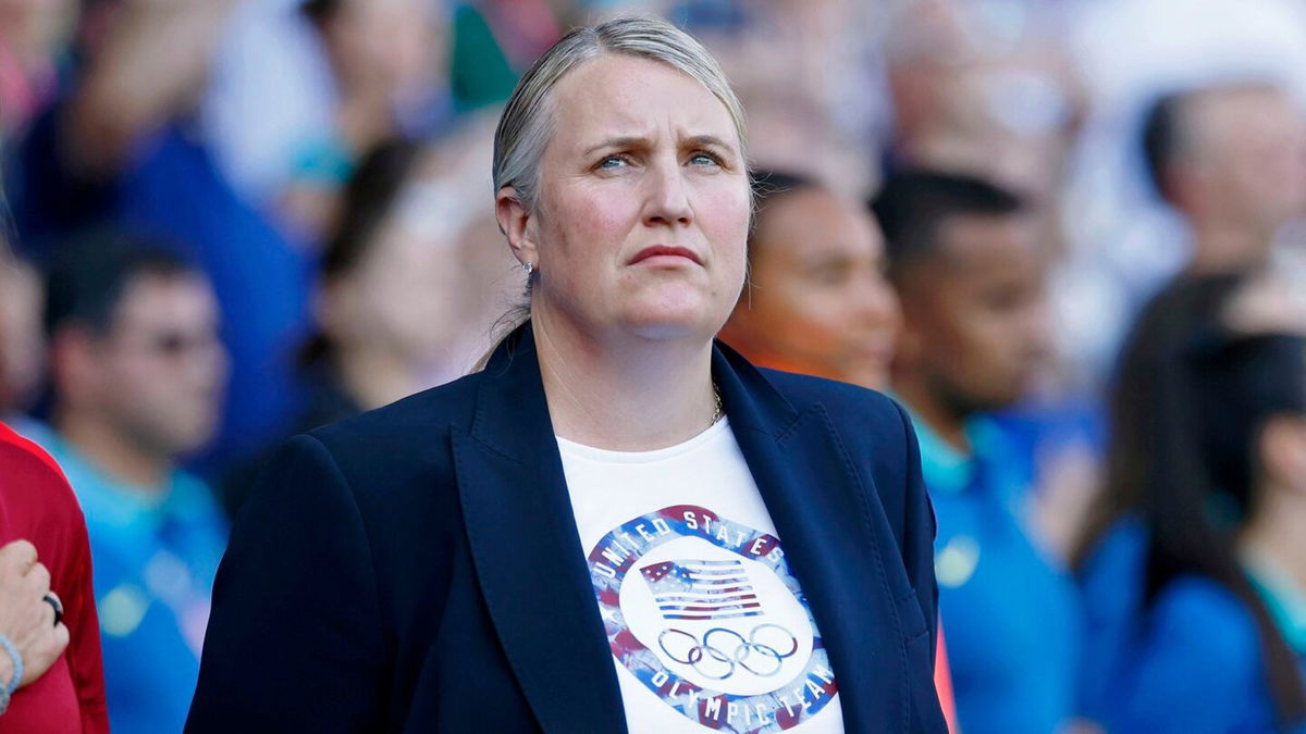 <i>Yukihito Taguchi/USA TODAY Sports/Reuters via CNN Newsource</i><br/>United States head coach Emma Hayes looks on during the national anthem before the women's soccer gold medal match during the Paris 2024 Olympic Summer Games at Parc des Princes.