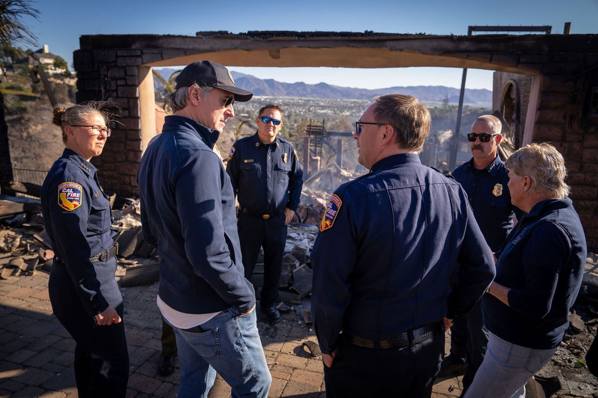 <i>California Office of the Governor via CNN Newsource</i><br/>California Gov. Gavin Newsom checks out fire damage.