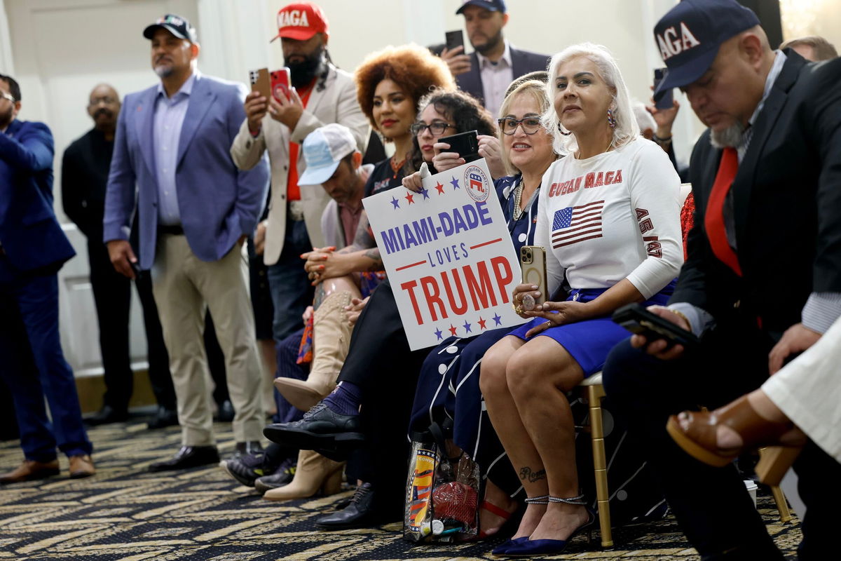 <i>Anna Moneymaker/Getty Images via CNN Newsource</i><br/>People listen as Trump participates in a roundtable discussion at the Latino Summit held at Trump National Doral Golf Club on October 22