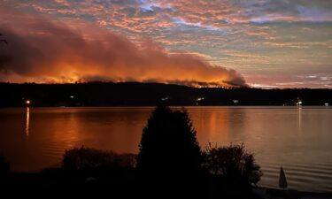 Plumes of smoke drift off from the Jennings Creek Wildfire along the New York-New Jersey border on Sunday.