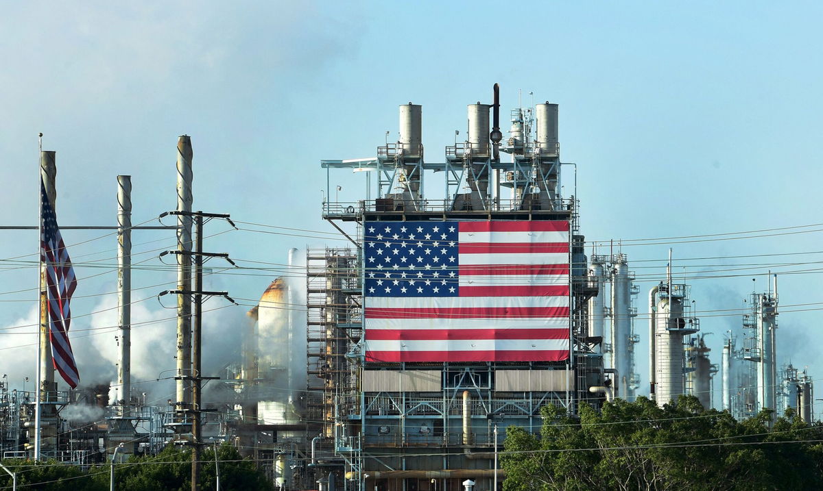 <i>Frederic J. Brown/AFP/Getty Images via CNN Newsource</i><br/>The US flag on display at the Wilmington Oil Fields south of Los Angeles