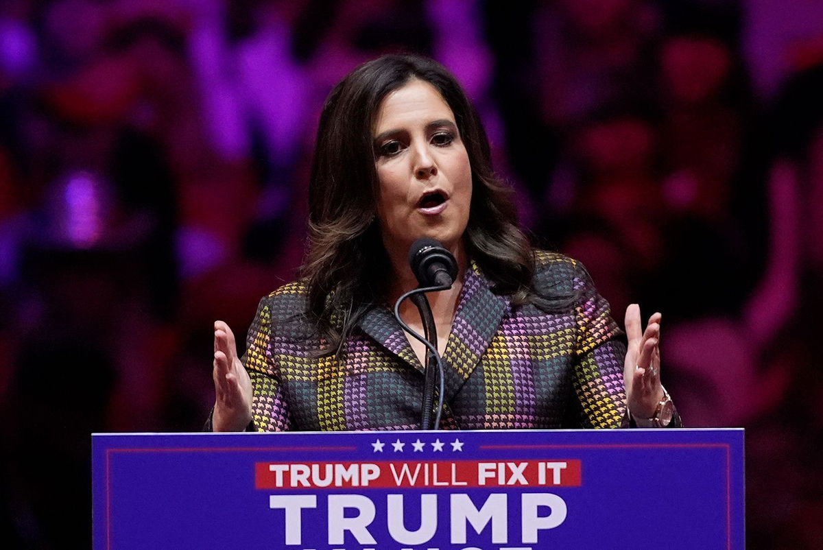 <i>Evan Vucci/AP via CNN Newsource</i><br/>Rep. Elise Stefanik speaks before former President Donald Trump at a campaign rally at Madison Square Garden on October 27