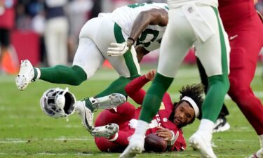 Murray had his helmet knocked off during a sack against the Jets.