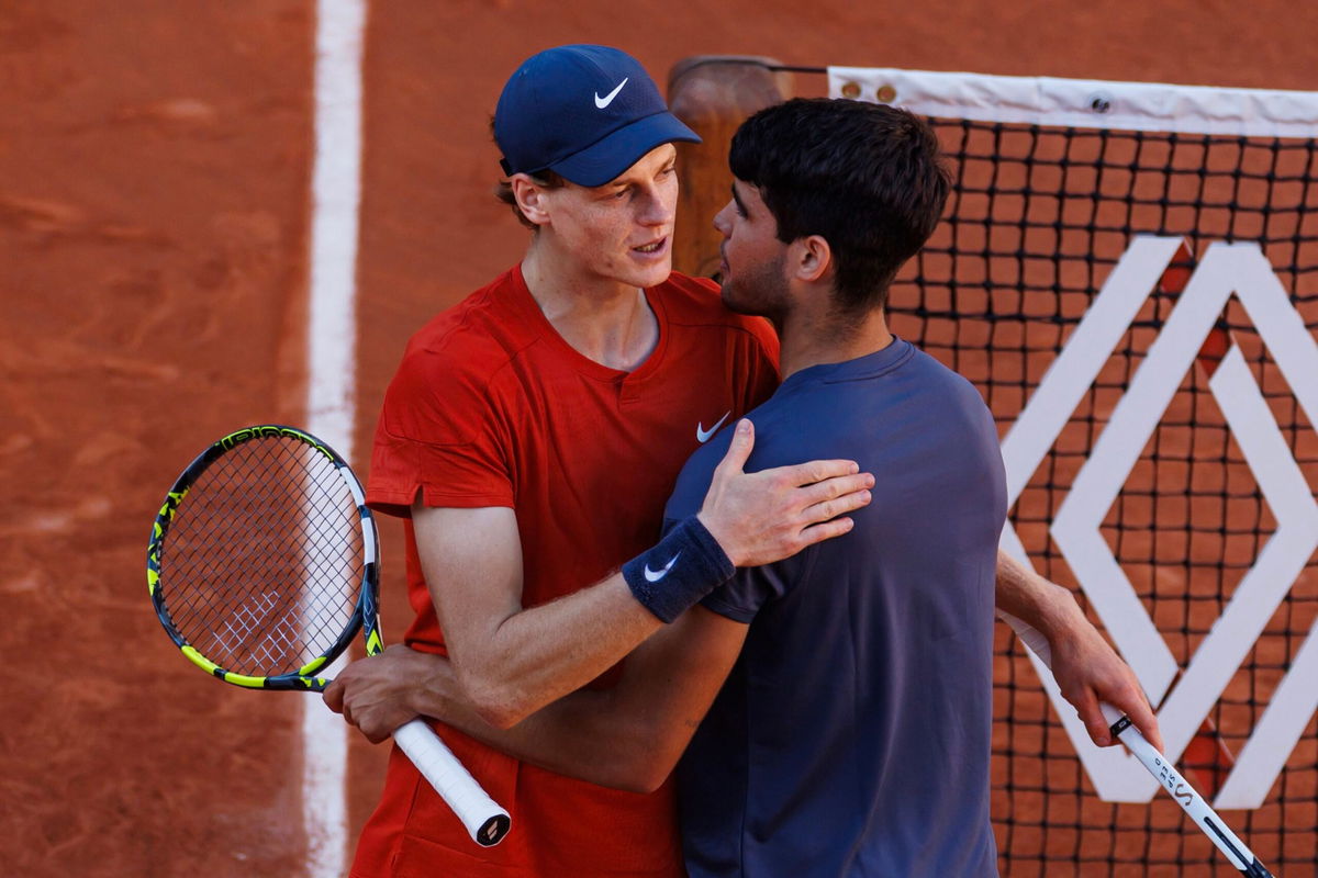 <i>Frey/TPN/Getty Images via CNN Newsource</i><br/>Alcaraz and Sinner shake hands after the former's victory in the French Open semifinals.